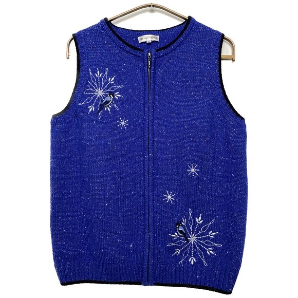 Embroidered Sweater Vest Women SZ M Blue Jays Birds Snowflakes Sparkle - Picture 1 of 15